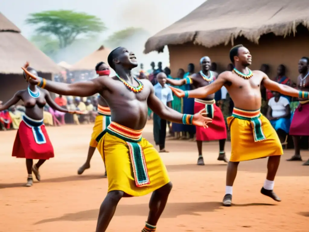 Grupo de bailarines africanos vistiendo trajes coloridos, danzando con energía en una plaza polvorienta