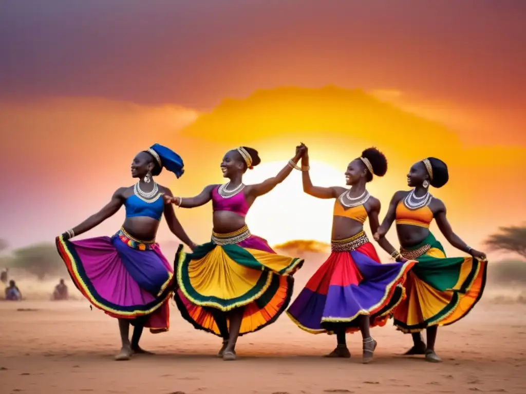 Danzas africanas al atardecer: poder y gracia en movimiento Grupo de bailarines africanos en trajes coloridos, ejecutando danzas tradicionales al atardecer