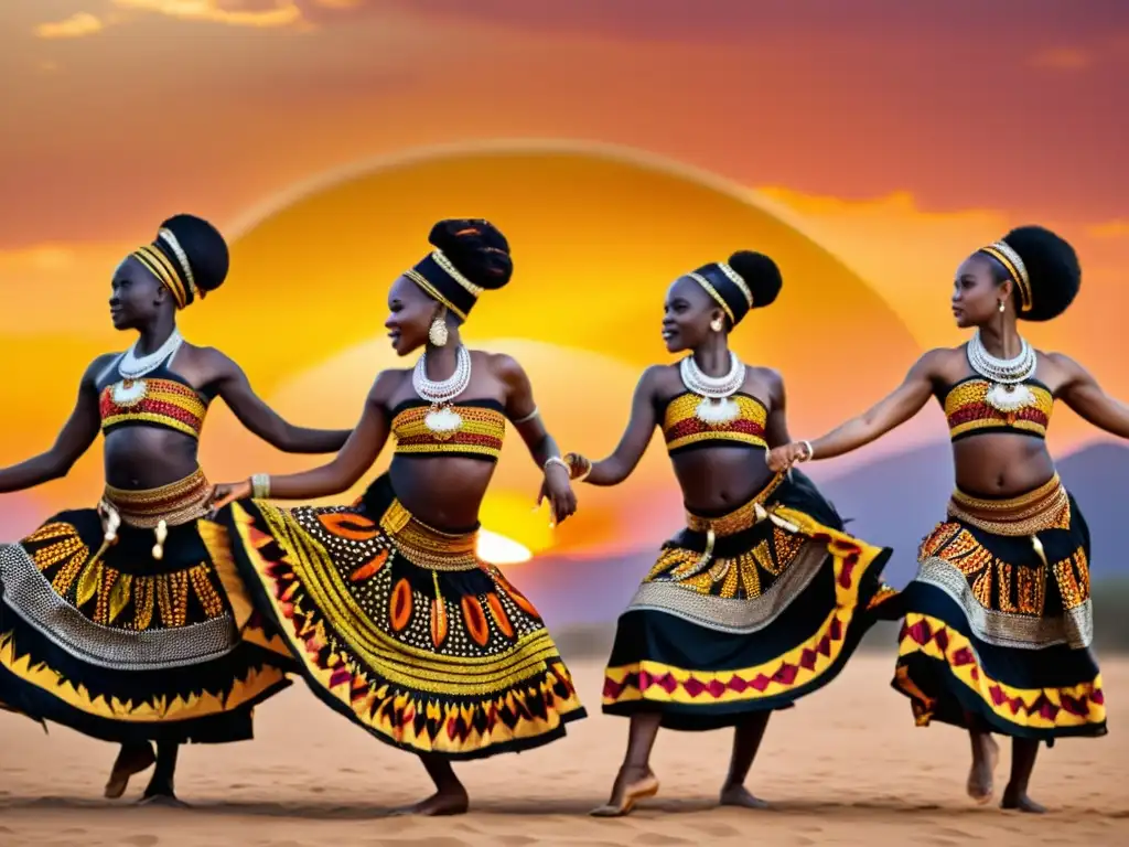 Un grupo de bailarines africanos con trajes tradicionales ejecutando una danza dinámica al atardecer