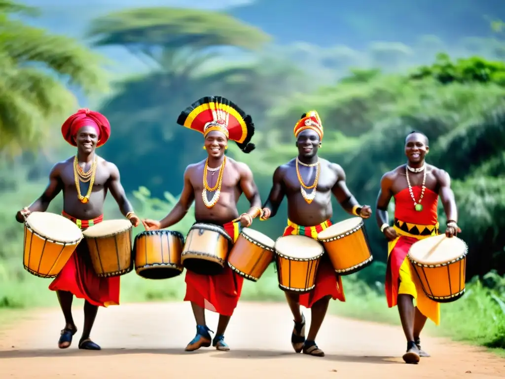 Grupo de bailarines africanos en trajes coloridos danzando al ritmo de tambores bajo el sol africano