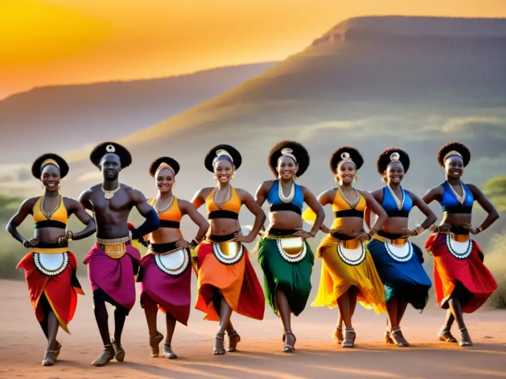 Grupo de bailarines africanos en trajes tradicionales realizando una danza espiritual al atardecer