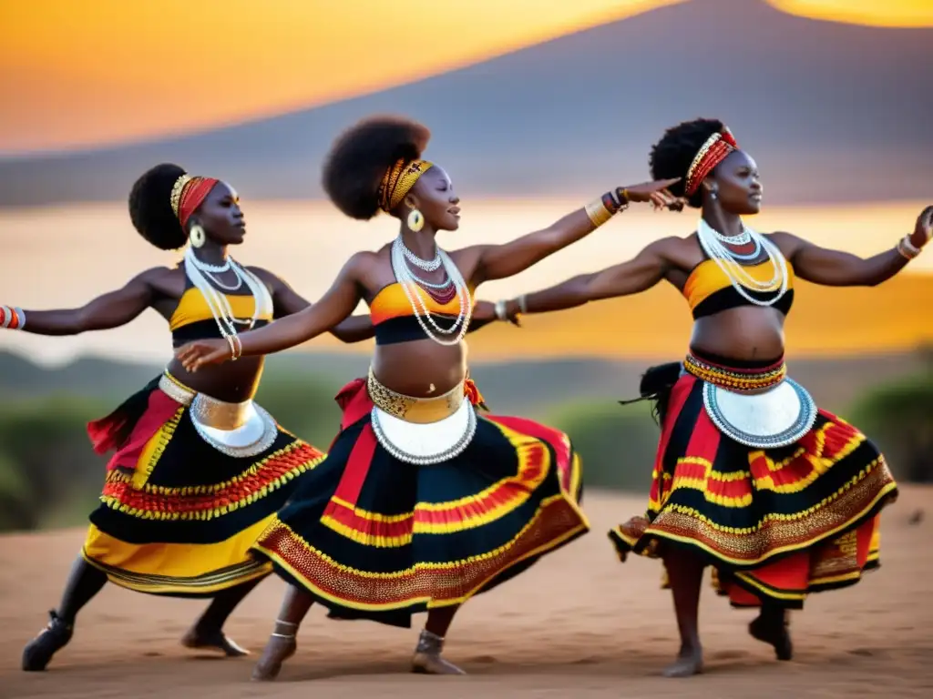 Un grupo de bailarines africanos con trajes tradicionales vibrantes, movimientos dinámicos y expresivos, en un atardecer dorado