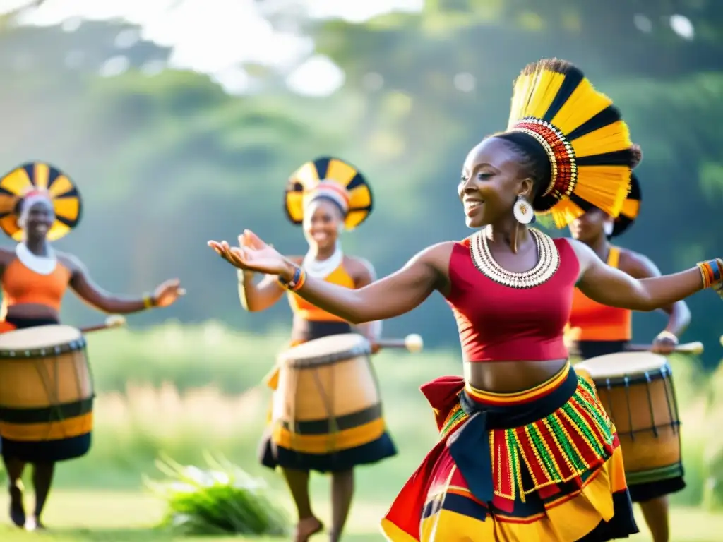 Grupo de bailarines africanos en trajes tradicionales realizando danzas sagradas, capturando el significado cultural de su herencia africana