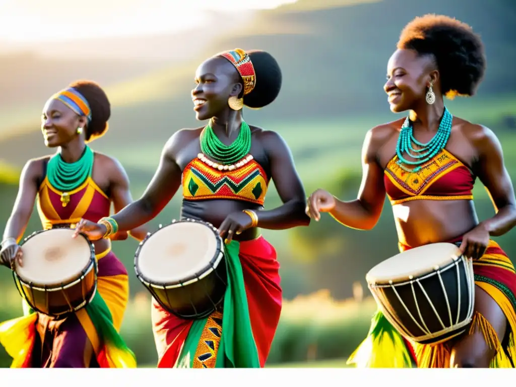 Un grupo de bailarines africanos vistiendo trajes tradicionales vibrantes, moviéndose con gracia al ritmo de tambores