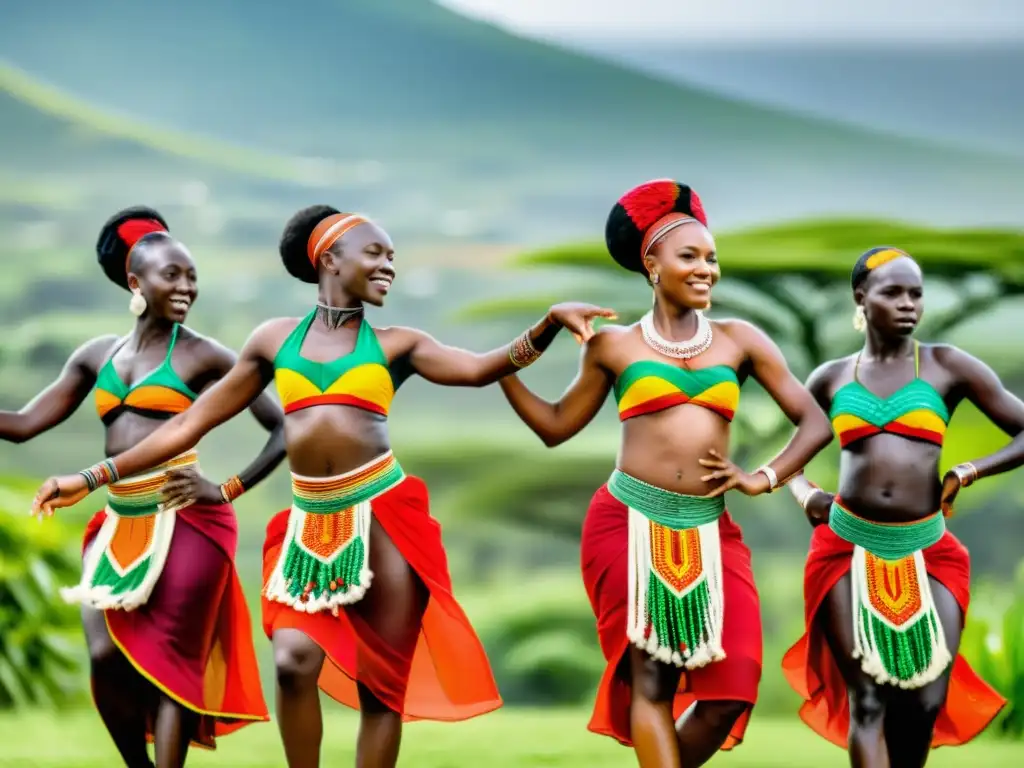 Grupo de bailarines africanos con trajes tradicionales, danzando en un paisaje exuberante