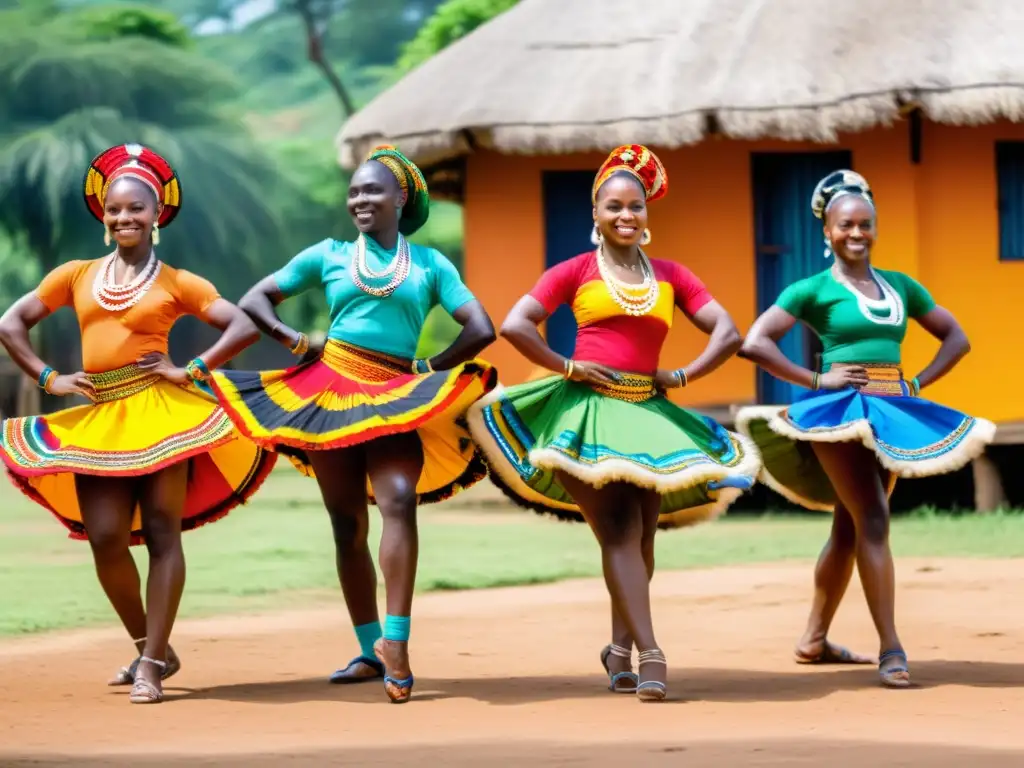 Grupo de bailarines africanos en trajes tradicionales, danzas narrativas tradicionales África en escena de aldea vibrante