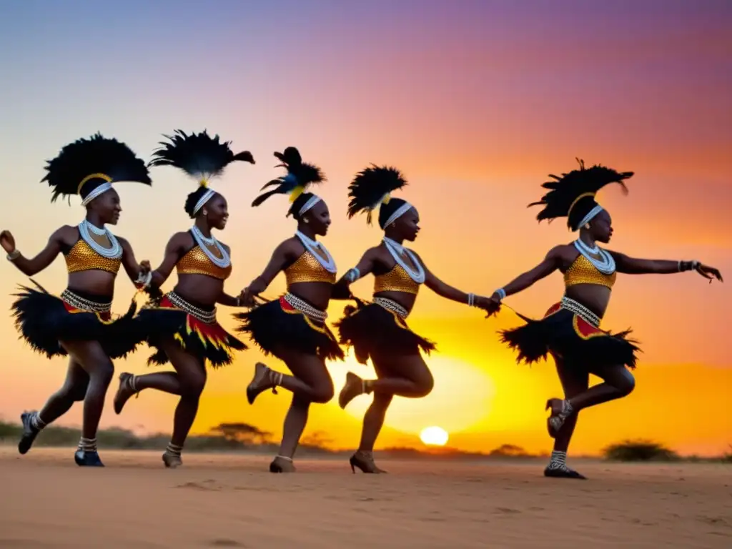 Un grupo de bailarines africanos vistiendo trajes tradicionales realizan una danza en la sabana al atardecer