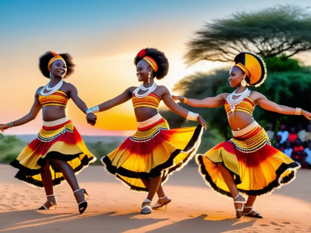 Grupo de bailarines africanos en trajes tradicionales, realizando una danza enérgica al atardecer