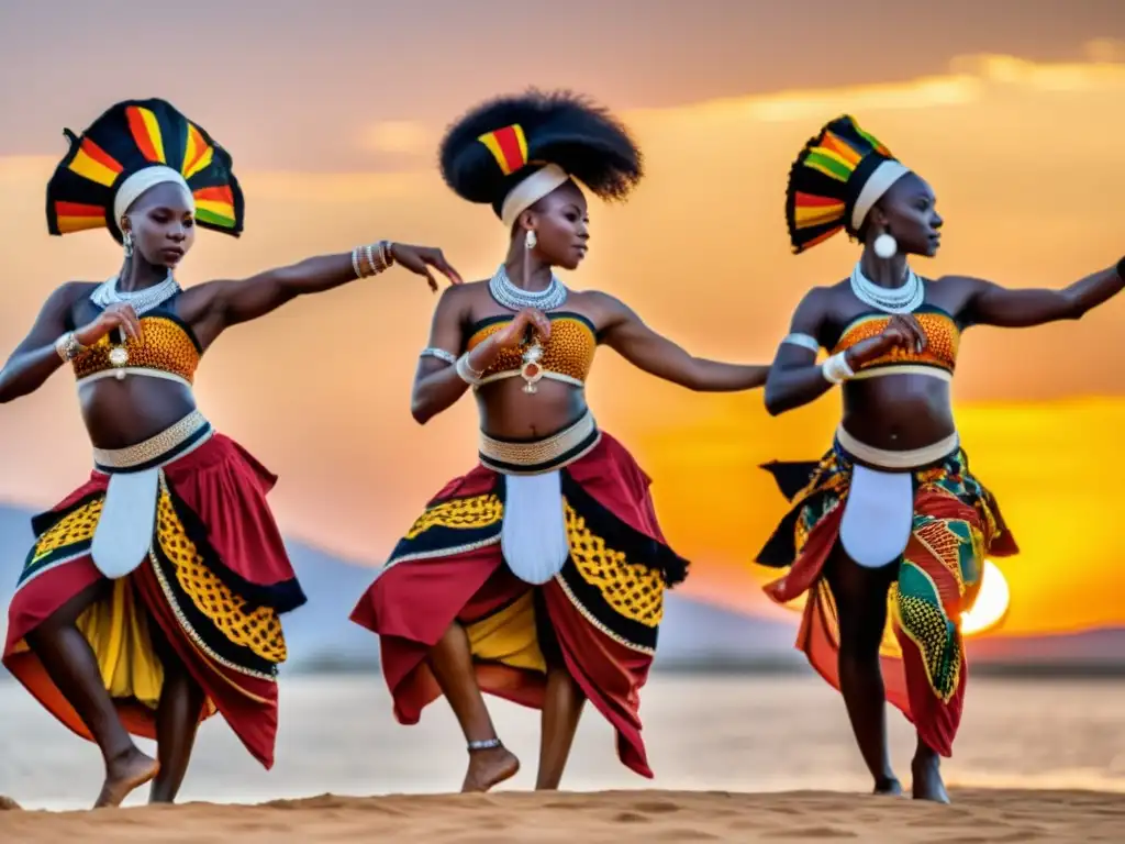 Grupo de bailarines africanos en trajes tradicionales vibrantes, realizando una danza ritual al atardecer