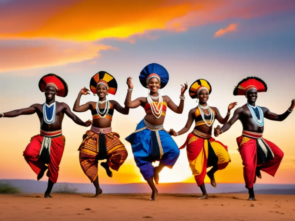 Grupo de bailarines africanos en trajes vibrantes realizando una danza energética al atardecer