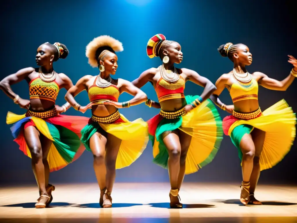 Un grupo de bailarines africanos vistiendo trajes tradicionales vibrantes, realizando una danza africana en perfecta sincronía