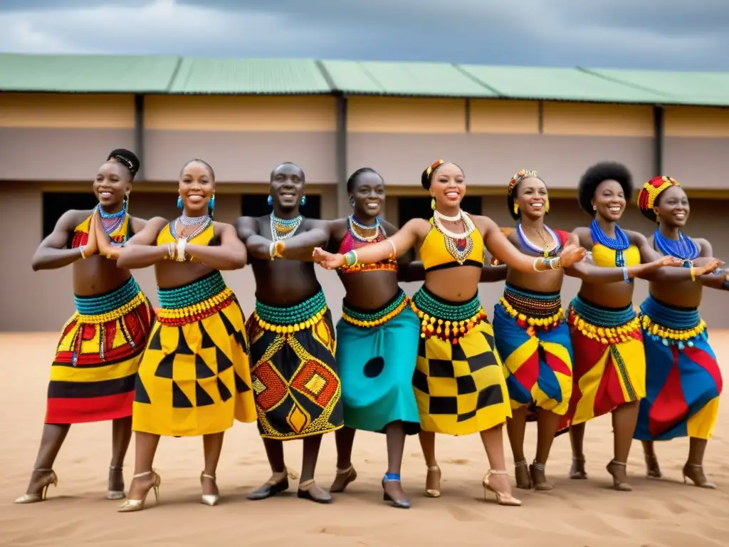 Grupo de bailarines africanos con trajes tradicionales danzando con gracia y fuerza en un ambiente cálido y auténtico