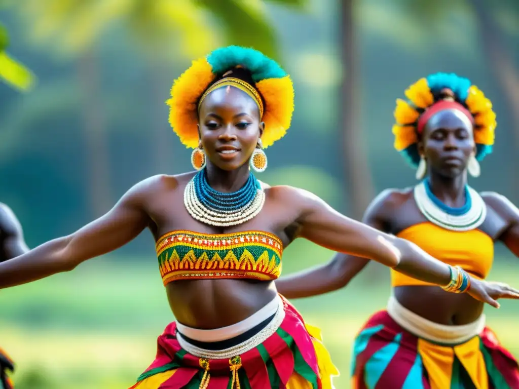 Grupo de bailarines africanos en trajes vibrantes realizando danzas tradicionales en un claro soleado rodeado de exuberante vegetación