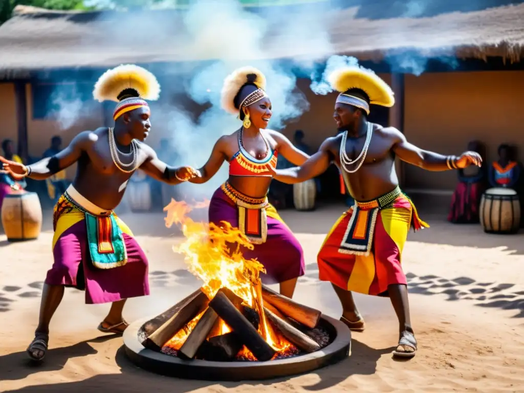 Grupo de bailarines africanos en trajes vibrantes, moviéndose alrededor de una fogata