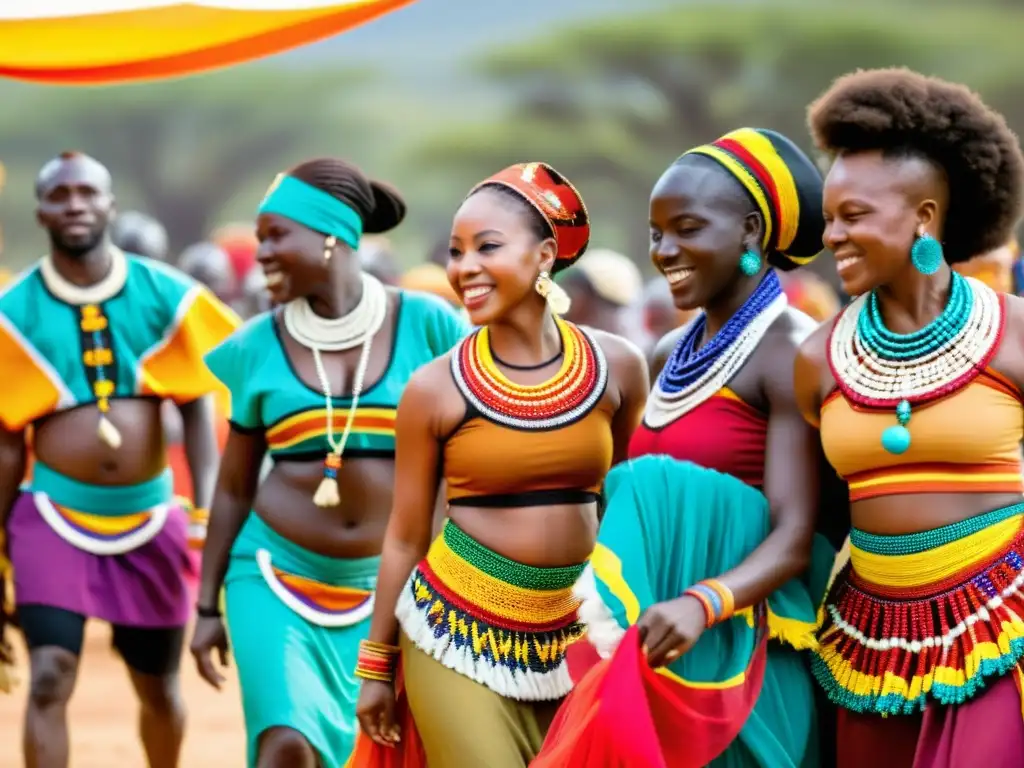 Grupo de bailarines africanos en trajes tradicionales coloridos, danzando con energía