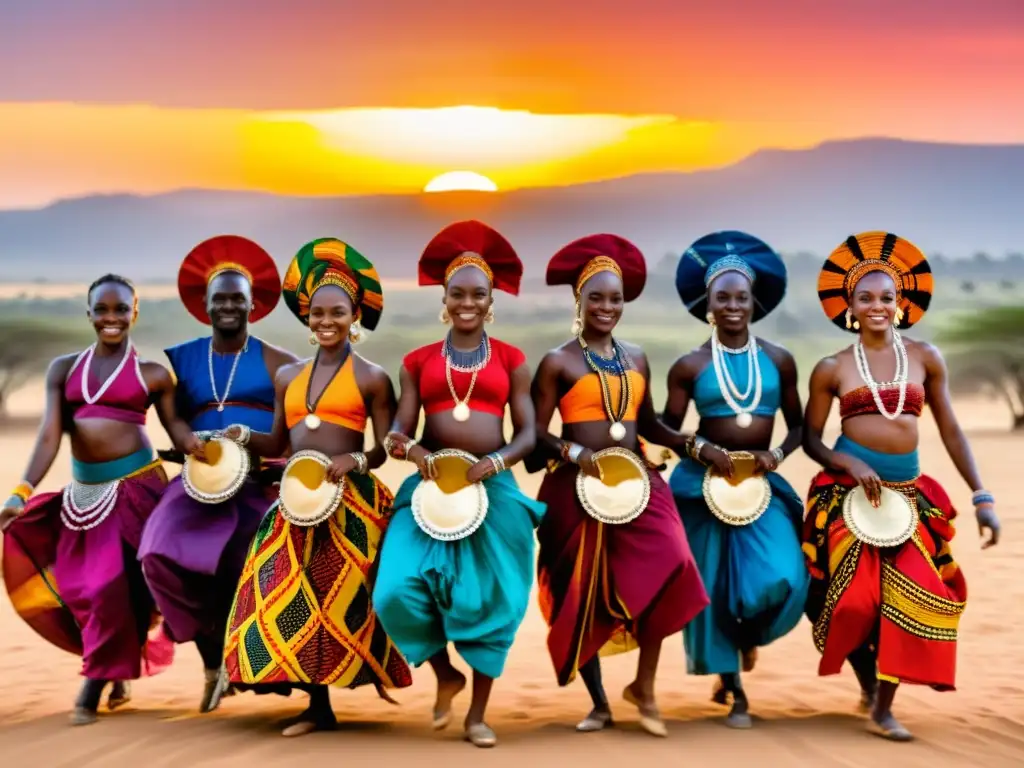 Grupo de bailarines africanos en trajes tradicionales, danzando al atardecer