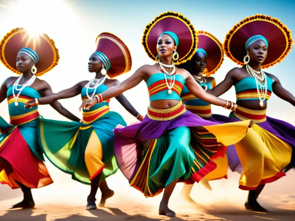 Grupo de bailarines africanos vistiendo trajes tradicionales vibrantes, con significado cultural de la vestimenta africana