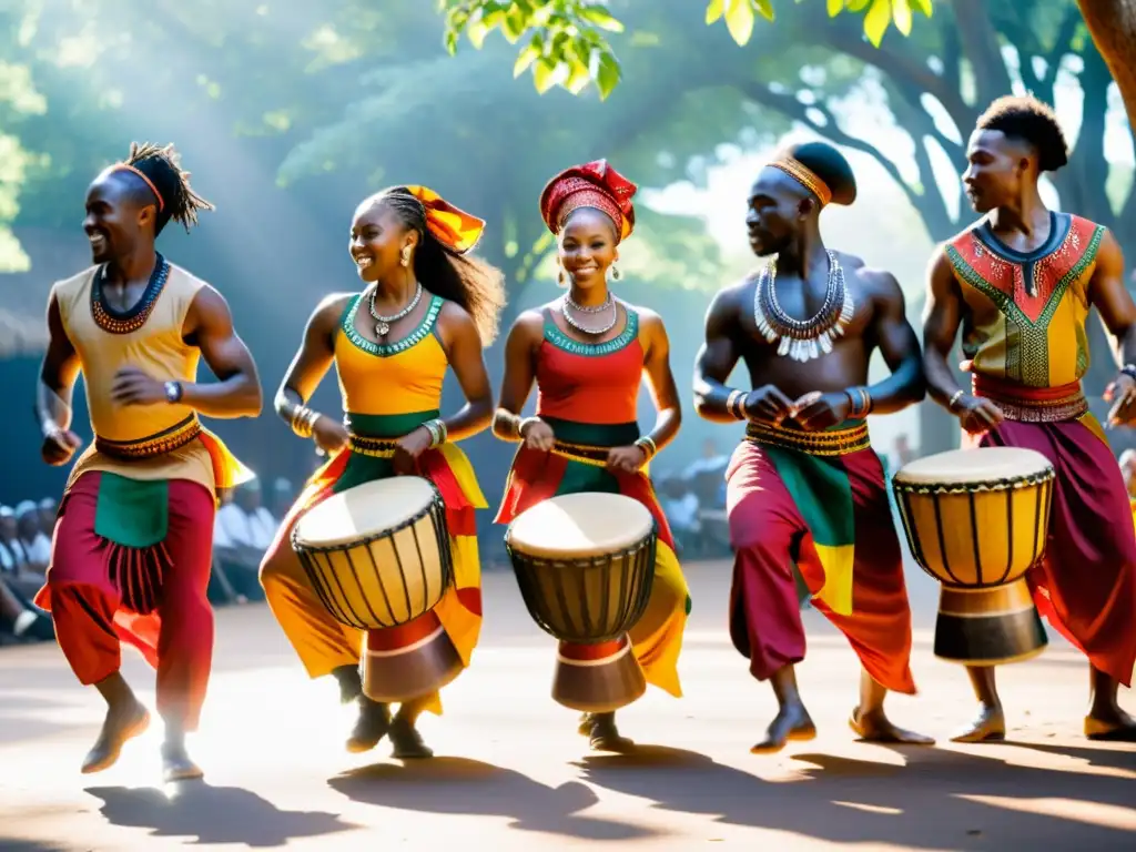 Grupo de bailarines africanos, vestidos con atuendos vibrantes, danzan al ritmo de tambores djembe