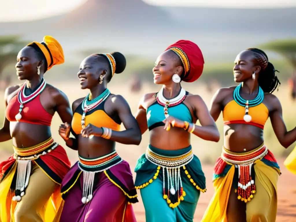 Grupo de bailarines africanos vestidos con trajes tradicionales vibrantes, danzando con energía en la sabana al atardecer