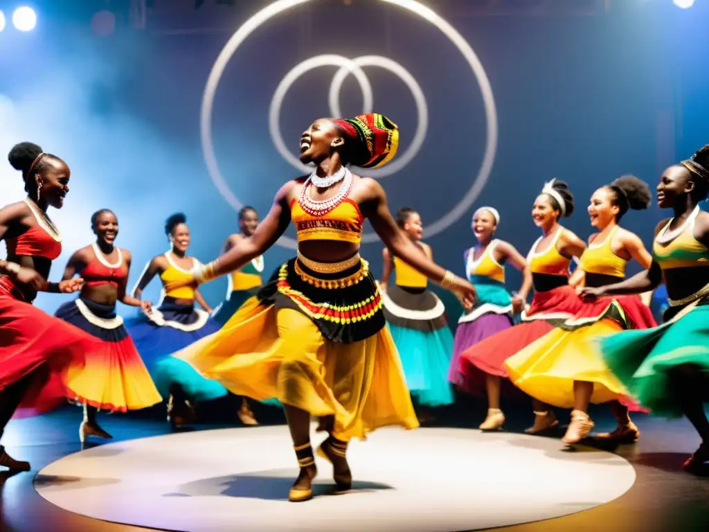 Grupo de bailarines africanos en vestimenta tradicional, cautivando a la multitud con su energía y ritmo