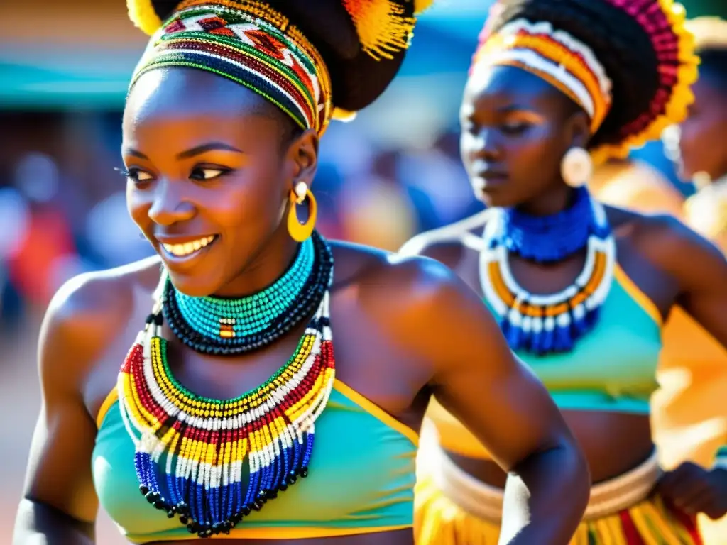 Un grupo de bailarines africanos con vestimenta tradicional, moviéndose al ritmo de la música, mostrando el significado cultural de la danza africana