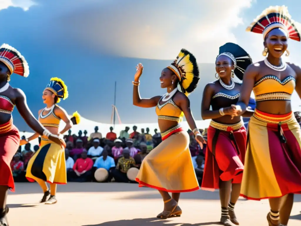 Grupo de bailarines africanos con vestimenta tradicional, danzas dinámicas y música vibrante bajo el cielo abierto