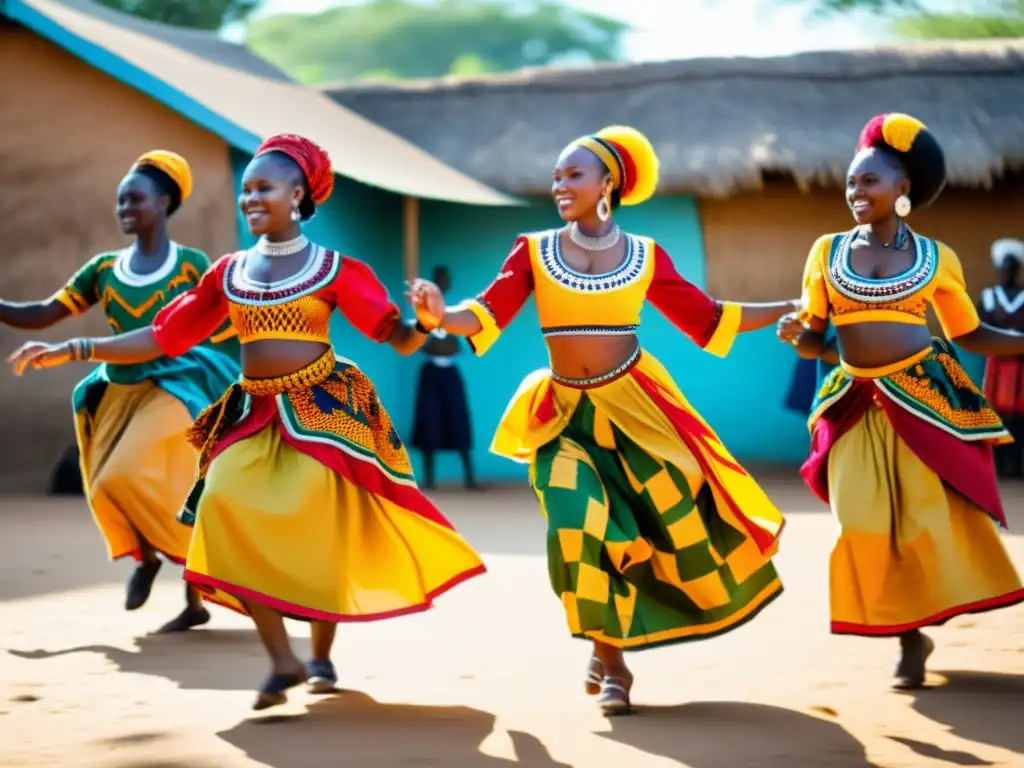 Grupo de bailarines africanos con vestimenta tradicional, realizando danza en un pueblo