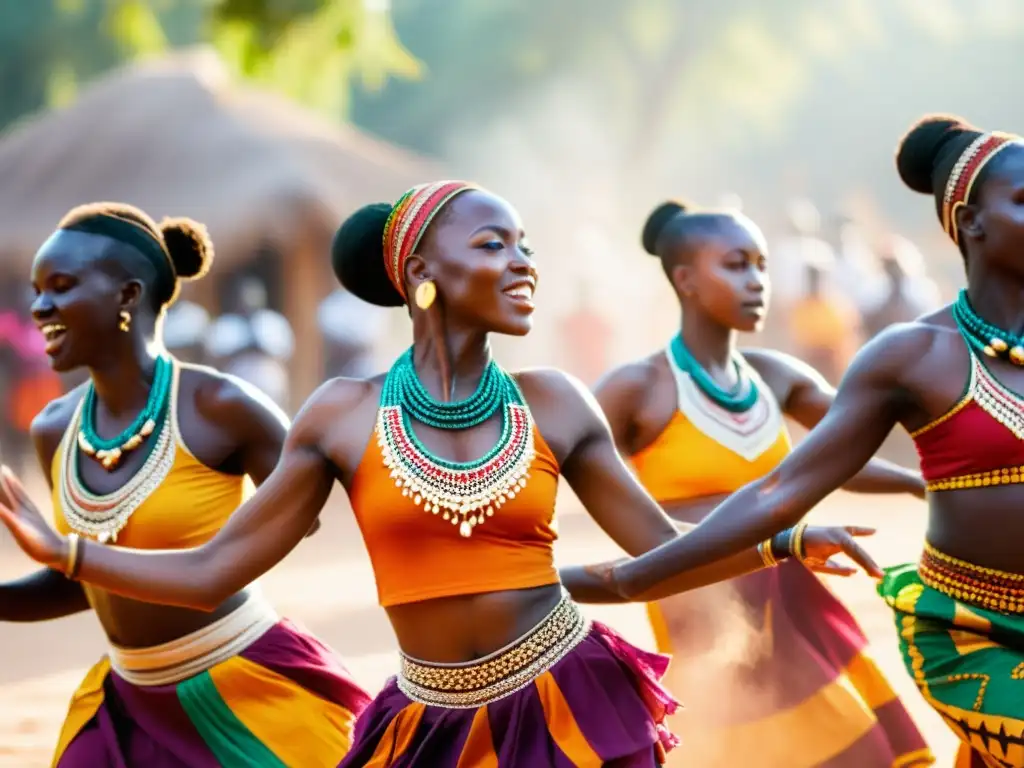 Un grupo de bailarines africanos en vestimenta tradicional ejecutando técnicas y coreografías de danza africana en una plaza polvorienta al atardecer