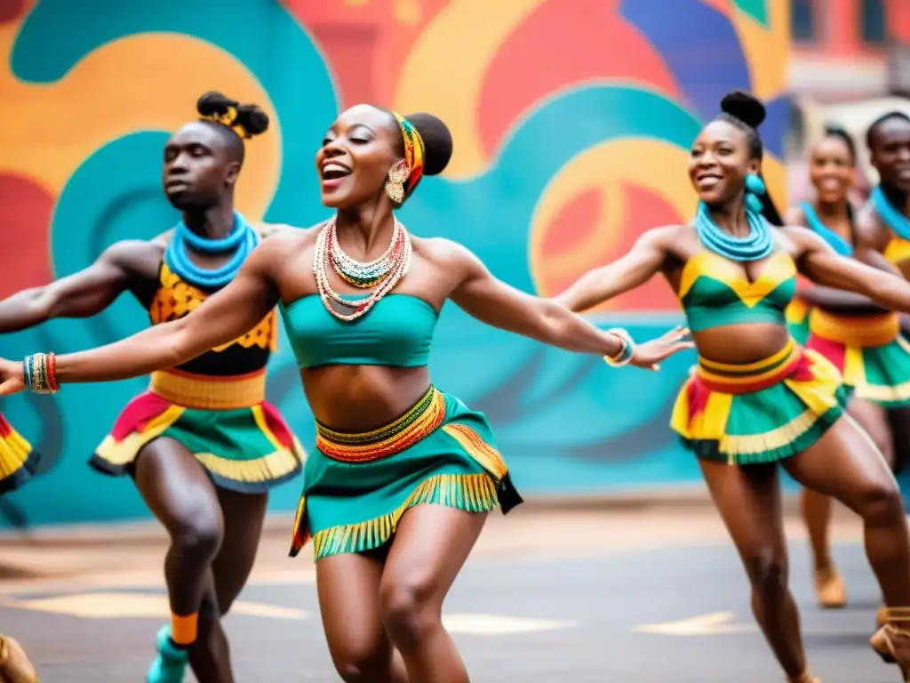 Un grupo de bailarines africanos con vestimenta tradicional ejecutan una danza vibrante en una bulliciosa calle de la ciudad