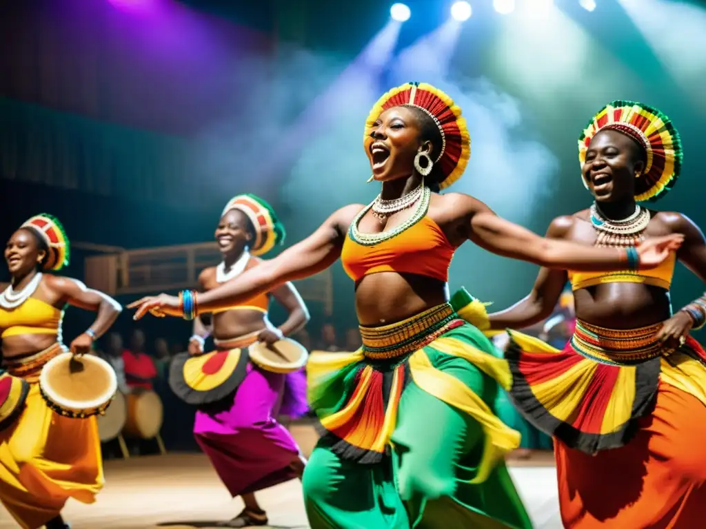 Grupo de bailarines africanos en vibrante atuendo, moviéndose con gracia al ritmo de la música highlife y transmitiendo alegría y orgullo cultural