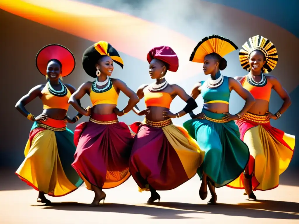 Un grupo de bailarines africanos con vibrante vestimenta tradicional, moviéndose al ritmo de la música