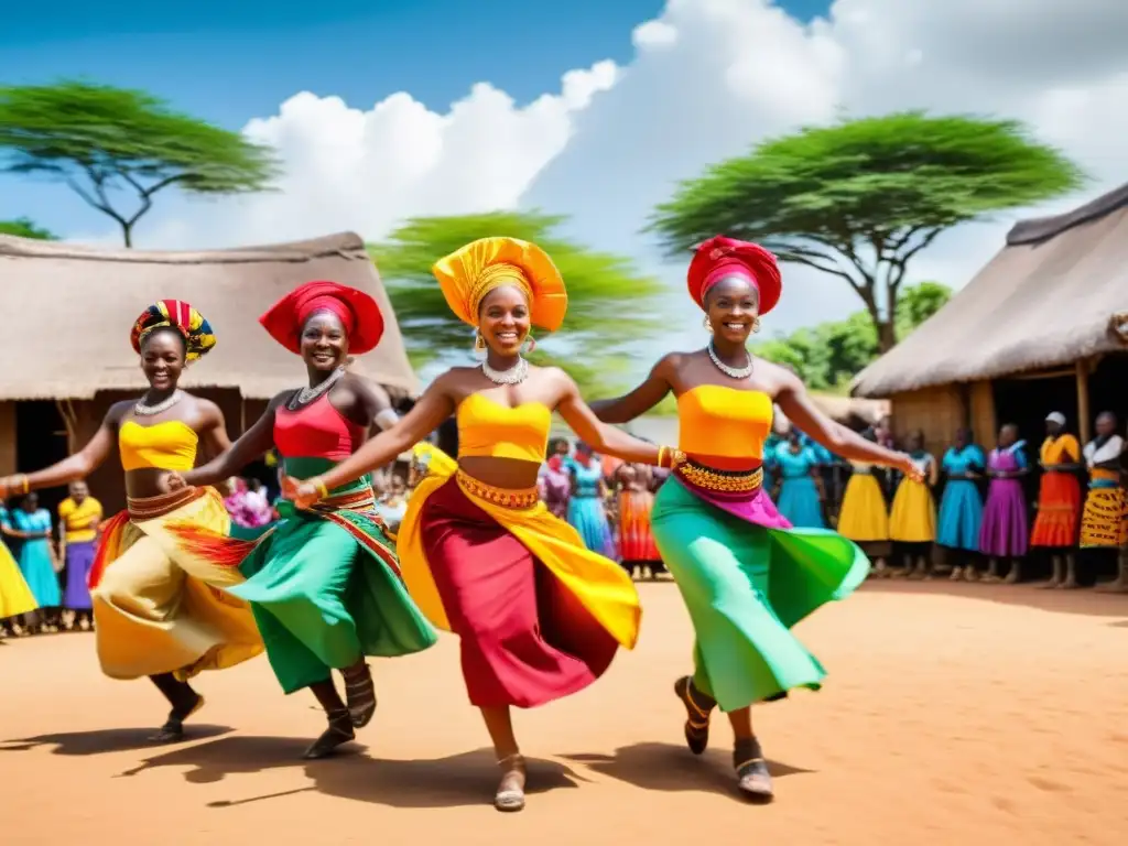 Grupo de bailarines africanos en vibrante danza tradicional de agradecimiento, bajo el cálido sol africano