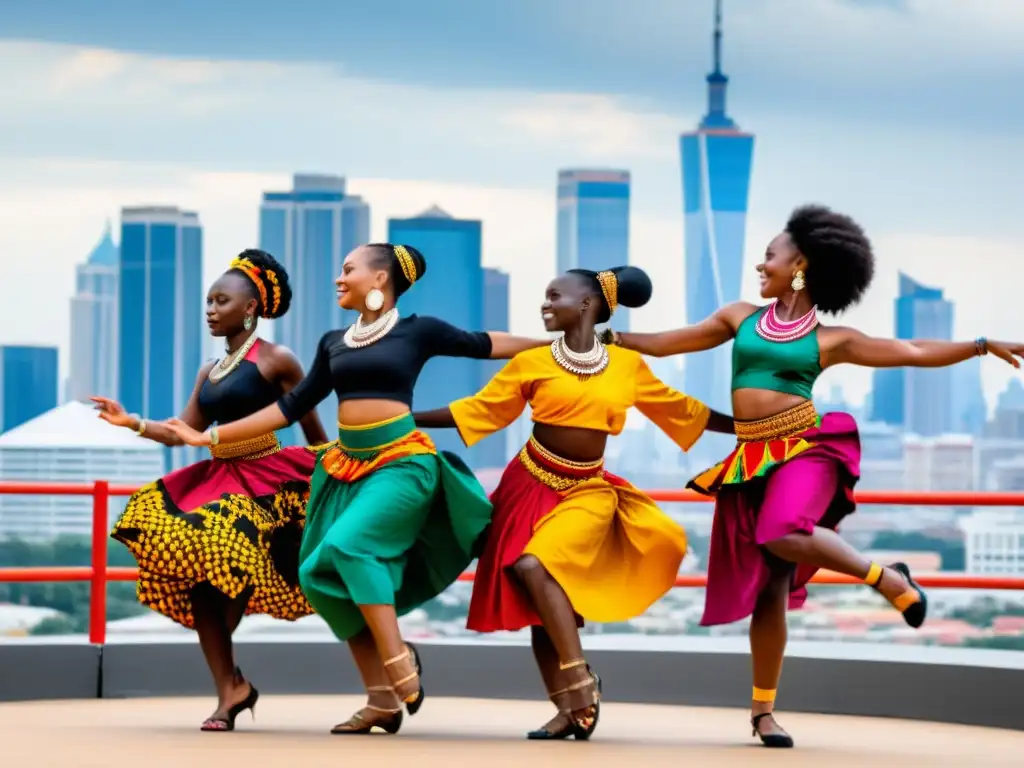 Grupo de bailarines africanos en vibrante atuendo tradicional, danza contemporánea en la ciudad