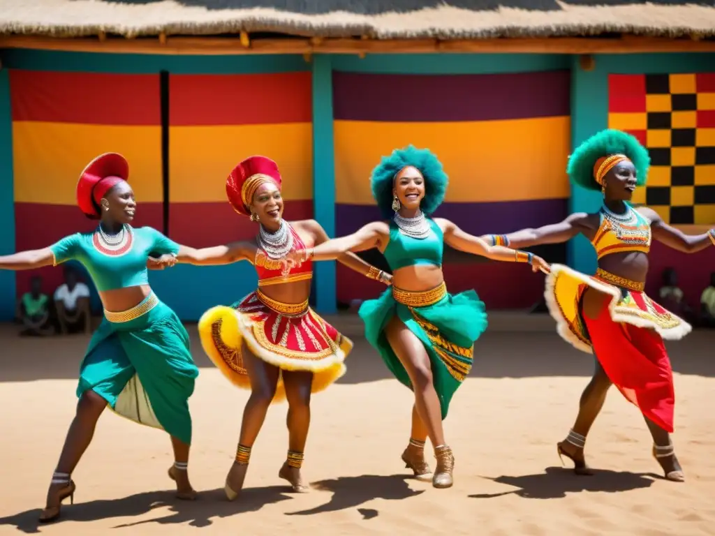 Grupo de bailarines africanos en un vibrante escenario al aire libre, destacando la importancia cultural de la danza africana