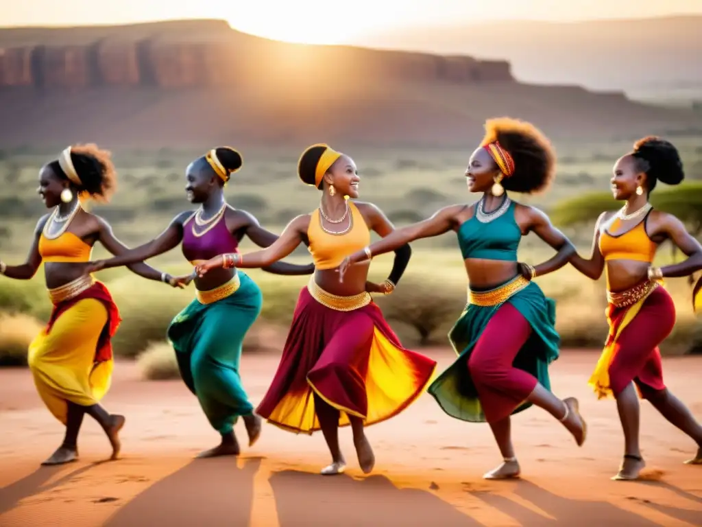 Grupo de bailarines africanos en vibrante danza, expresando el significado cultural de la danza africana con pasión y energía