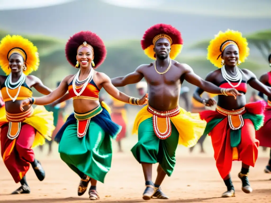 Grupo de bailarines africanos en vibrante actuación al aire libre bajo el sol brillante