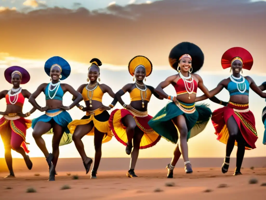 Grupo de bailarines africanos en vibrante atuendo tradicional, danza ancestral llena de significado y expresión cultural