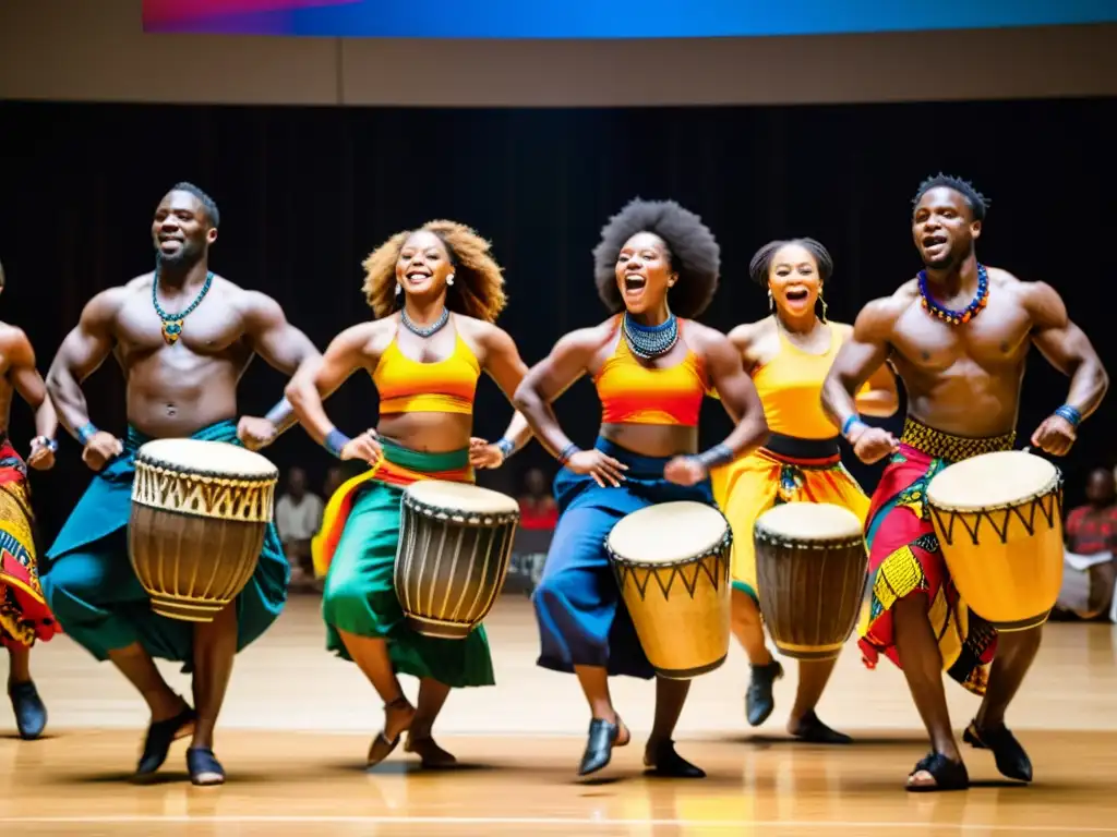 Grupo de bailarines africanos en vibrante vestimenta tradicional, danzando al ritmo de tambores Djembe