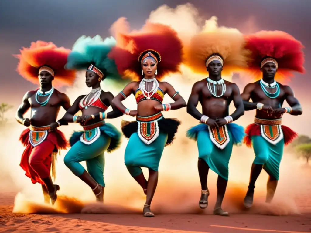 Grupo de bailarines africanos en vibrantes vestuarios de danza tradicional significado, movimientos dinámicos y orgullo cultural