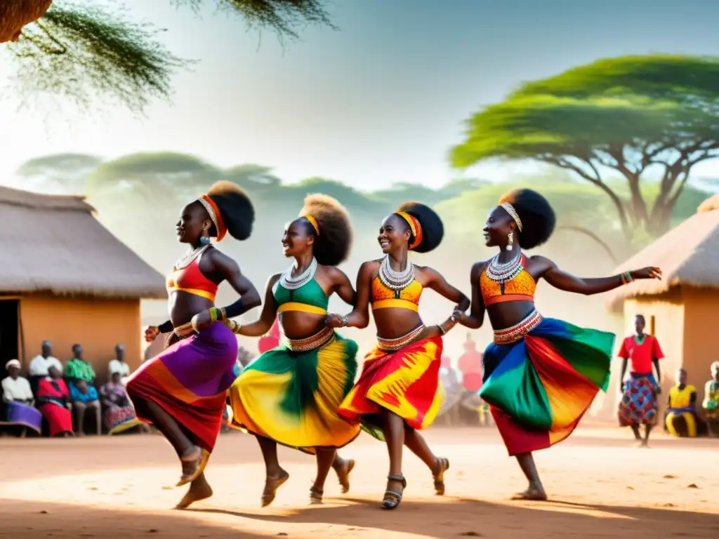 Un grupo de bailarines africanos en vibrantes trajes tradicionales realizando técnicas complejas de danza africana, capturando la intensidad rítmica y la riqueza cultural