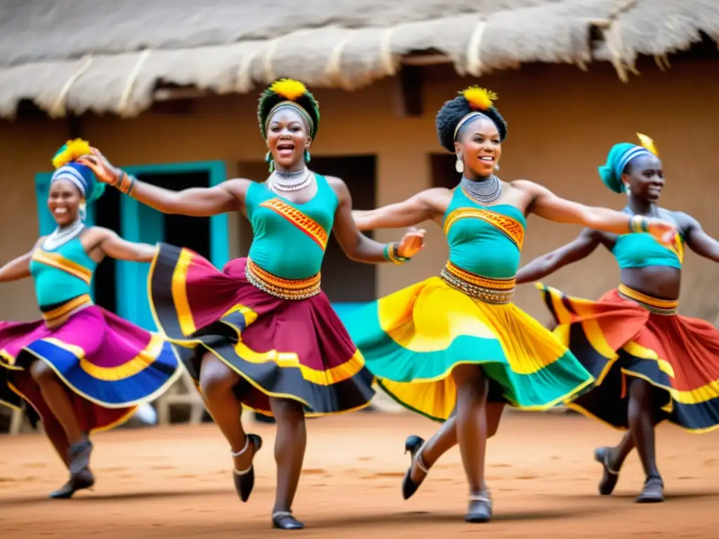 Un grupo de bailarines africanos en vibrantes trajes tradicionales realizando una danza energética