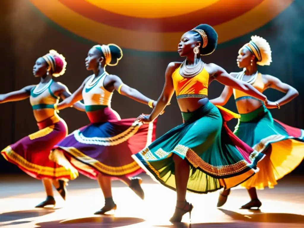 Un grupo de bailarines africanos en vibrantes trajes tradicionales, danzando con energía bajo el sol