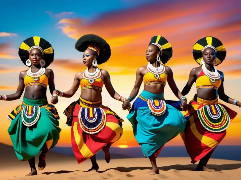 Grupo de bailarines africanos en vibrantes vestuarios tradicionales para danzas africanas, realizando una danza dinámica y elegante al atardecer