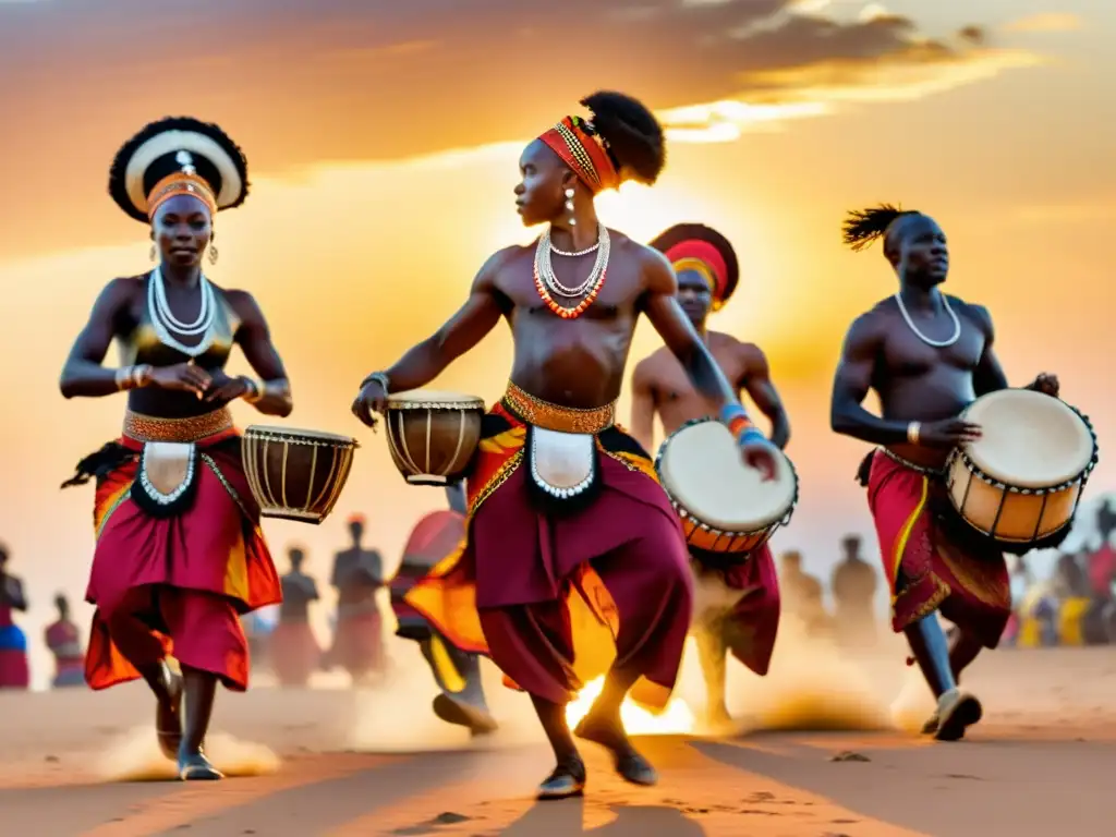 Grupo de bailarines africanos en vibrantes atuendos tradicionales danzando al ritmo de tambores al atardecer, expresando el significado espiritual de las ceremonias ancestrales africanas