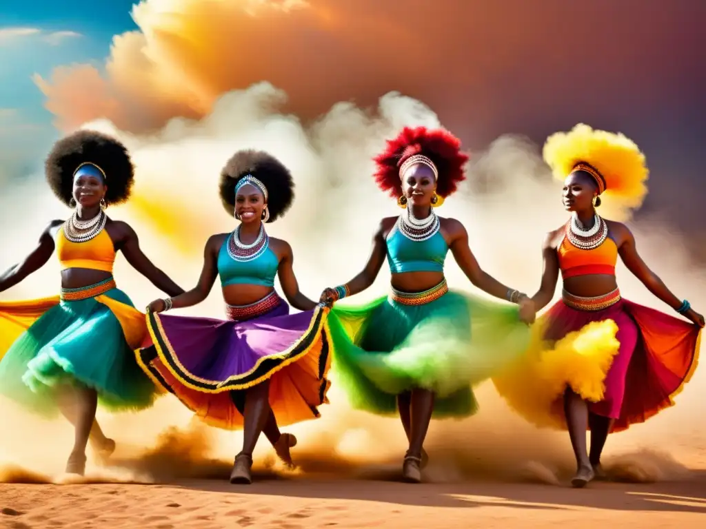 Grupo de bailarines africanos en vibrantes trajes tradicionales, danzando con energía y espíritu