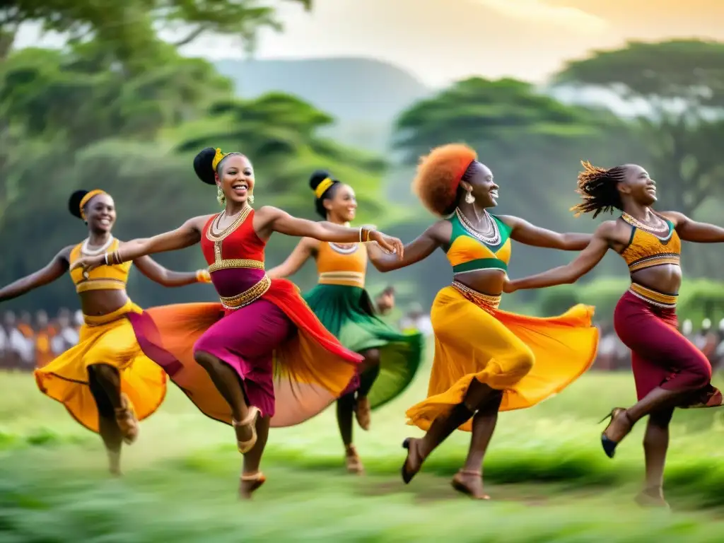 Un grupo de bailarines africanos vibrantes realizan danzas tradicionales en un claro soleado, transmitiendo alegría y orgullo cultural