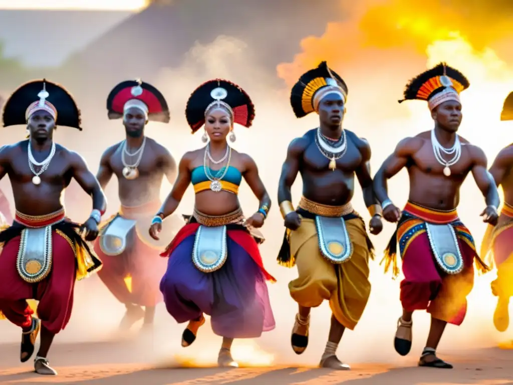 Grupo de bailarines africanos danzando en vibrantes atuendos tradicionales, envueltos en una atmósfera espiritual dorada