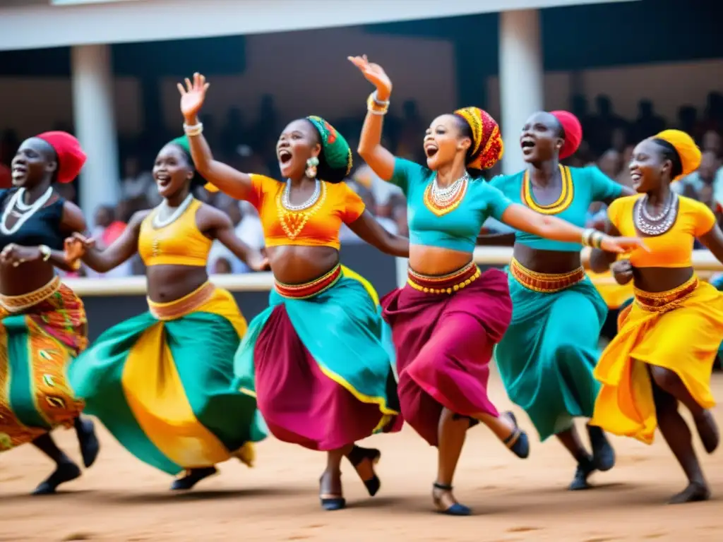 Grupo de bailarines africanos en vibrantes trajes tradicionales, ejecutando técnicas complejas de danza africana mientras la multitud los rodea con expresiones de asombro y alegría