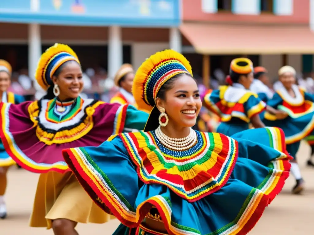 Grupo de bailarines afrobolivianos con trajes tradicionales coloridos, expresando la alegría y el significado cultural de la Saya afroboliviana