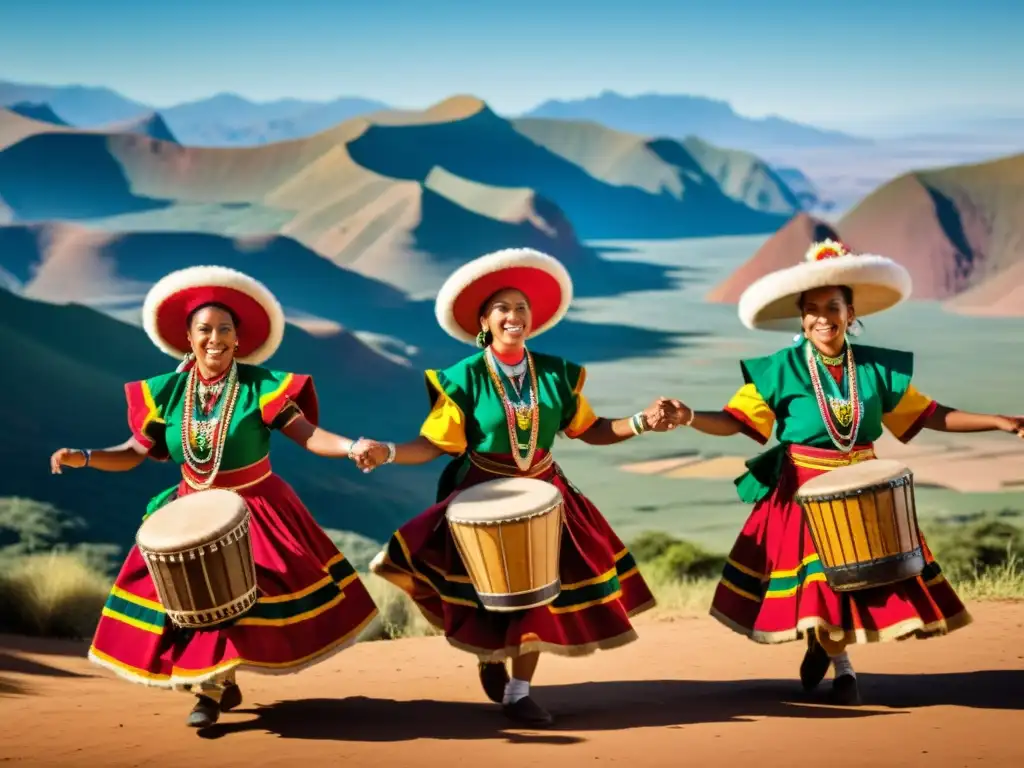 Grupo de bailarines afrobolivianos en trajes tradicionales, danzando al ritmo de tambores y canto en un paisaje pintoresco, capturando el significado cultural de la Saya afroboliviana